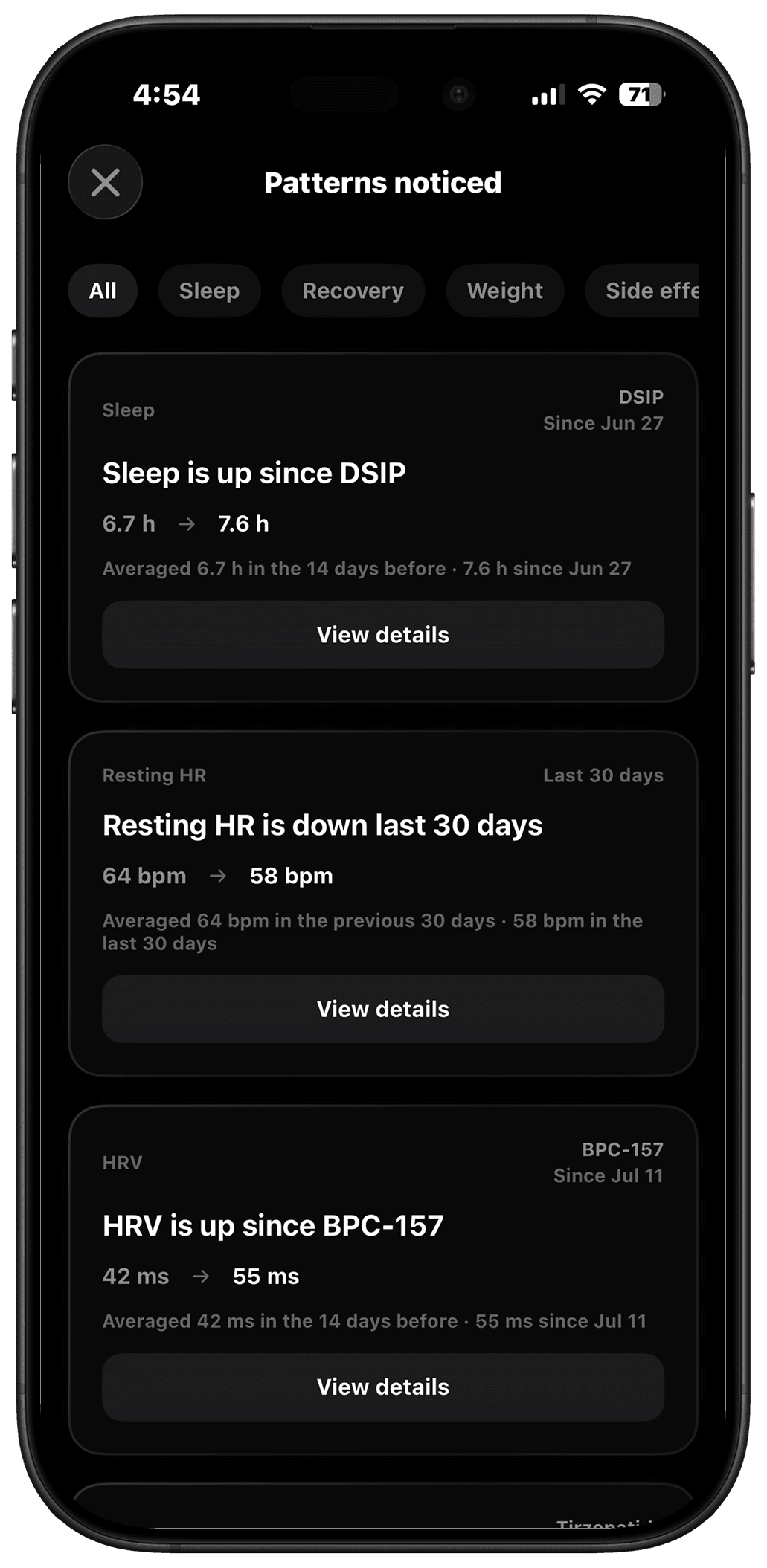 Dose Apple Health patterns screen showing health metrics alongside protocol history