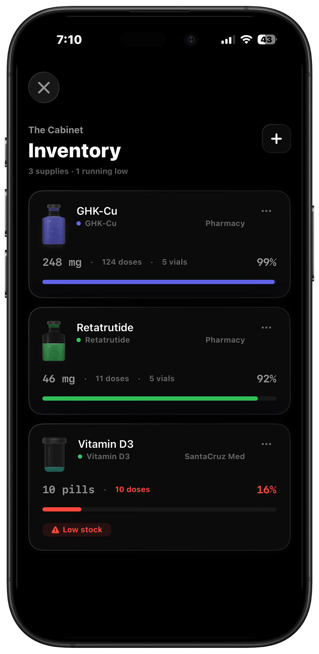 Dose inventory screen showing compound supply and low-stock alerts