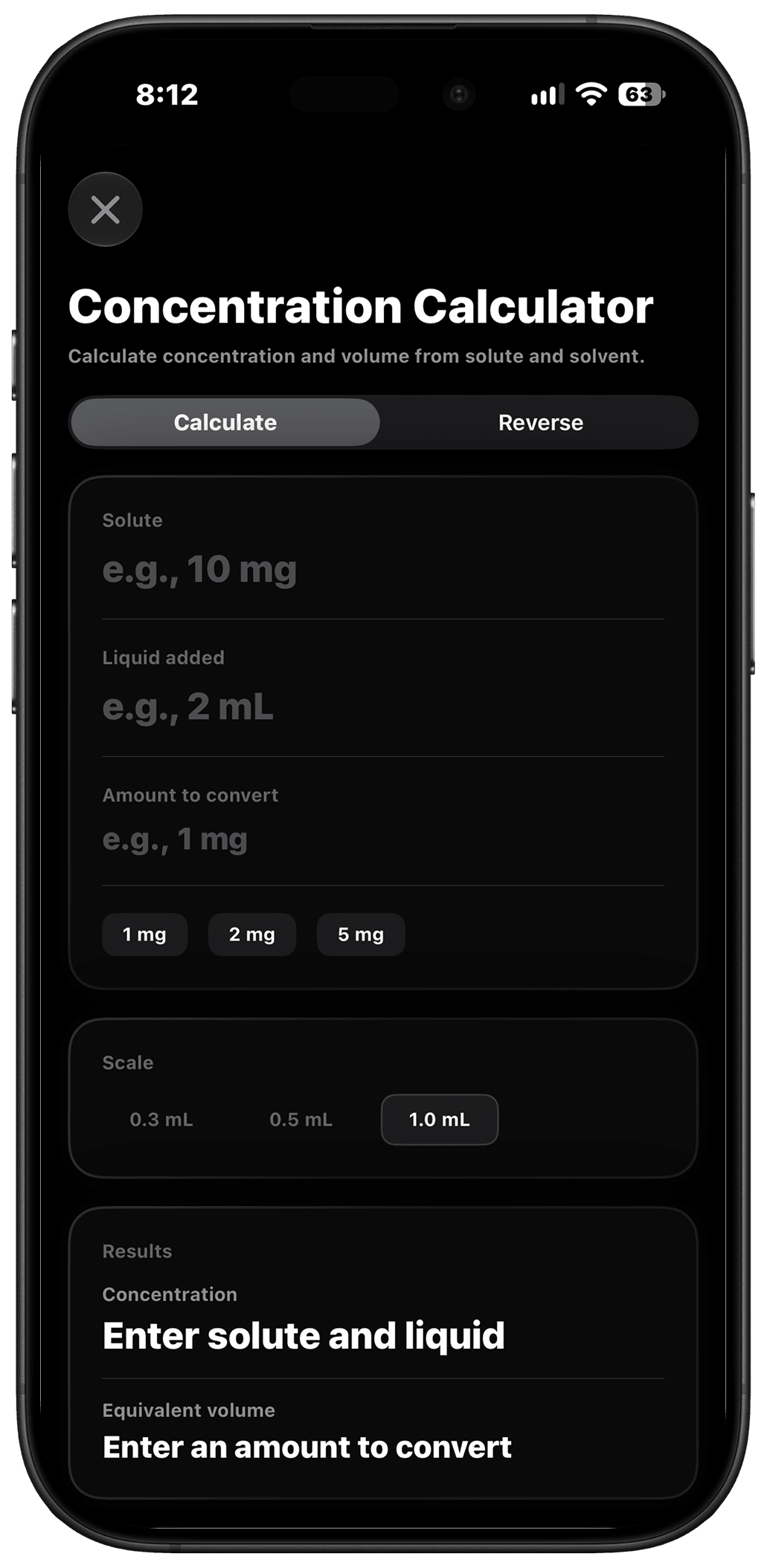 Dose reconstitution calculator with concentration and syringe-unit inputs